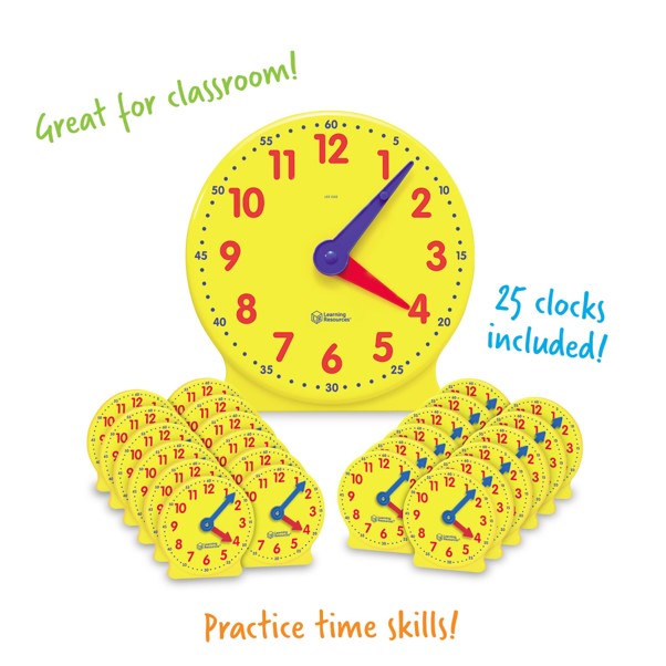 Classroom Clock Kit with 1 x Large teachers clock and 24 pupil clocks. Colour coded hands.
