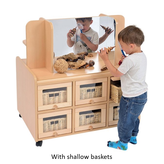 Double sided unit with doors - display mirror shallow baskets