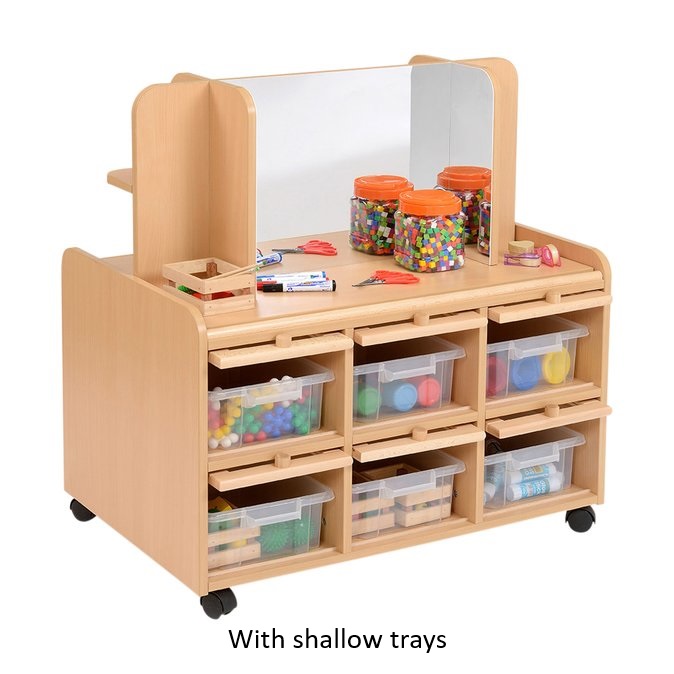 Double sided unit with doors - display mirror shallow trays