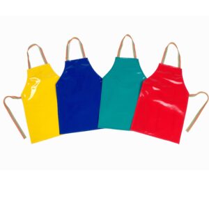 brightly coloured PVC art aprons for use in primary schools and nursery