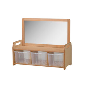 Low Mirror Storage Unit with 3 clear tubs under a low shelf unit and a safety mirror on top