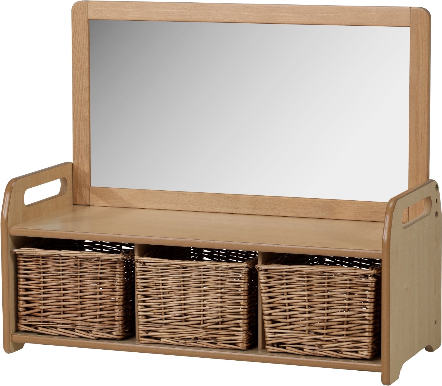 Low Storage Unit with mirror and 3 cubbies containing storage baskets