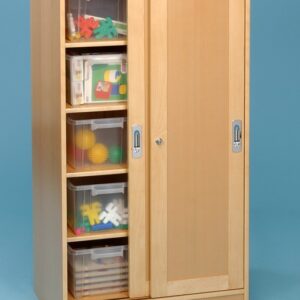 Large Cupboard with Sliding Doors that lock in beech. With five shelves inside