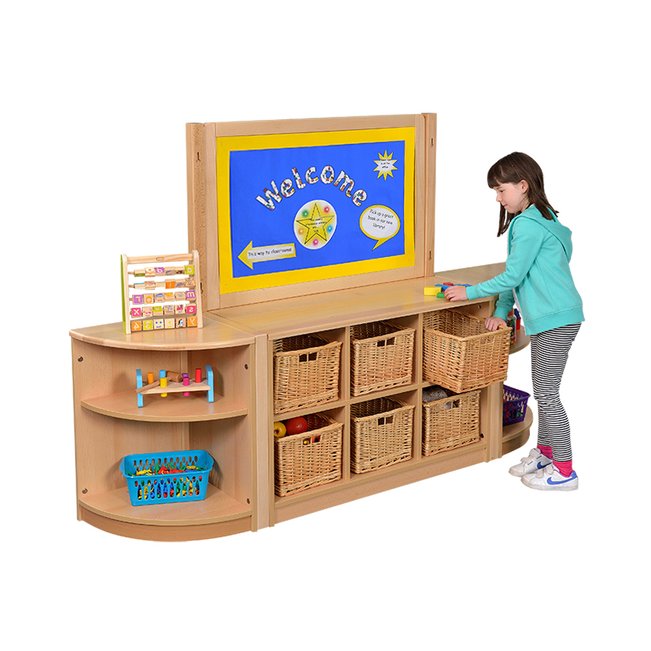 Room Scene Set 8 classroom furniture. Beech shelves with cork board on top