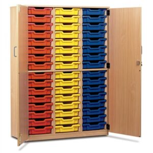 48 Tray Storage Cupboard with full doors which are open to reveal the 48 trays stored inside