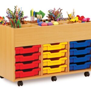 Kinderbox with 6 open storage bays on the top and 12 shallow trays underneath