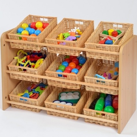 Room Scene Classroom Tidy with 9 wicker baskets on 3 tiers angled to see the contents of baskets