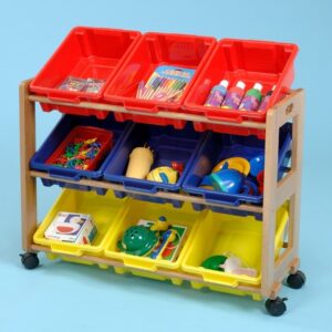 Single Sided Classroom Tidy - 9 Trays Beech frame, four castors and colourful tubs for storage