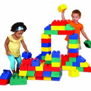 Two children playing with colourful Edublocks childrens construction bricks