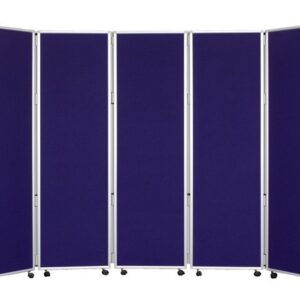 Concertina Room Divider - H1500mm in dark blue fabric. 5 panels with silver frames on 2 castors per panel
