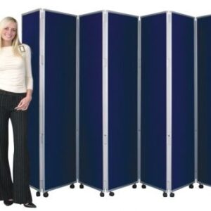 Lady stood next to a Concertina Room Divider - H1800mm in navy. 7 panels with 2 castors on each panel in navy fabric