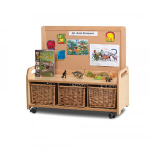 Low Level Storage Unit from the Playscapes range with double sided velcro display board, 3 baskets underneath and castors