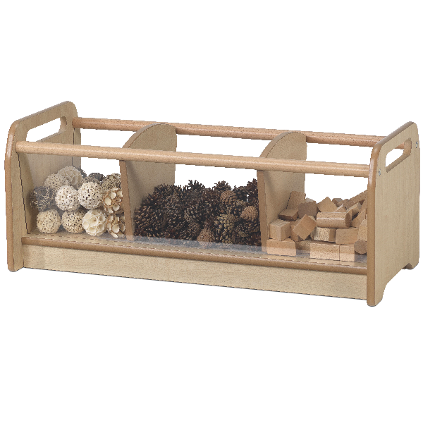 Low level storage unit with clear sides and moveable dividers