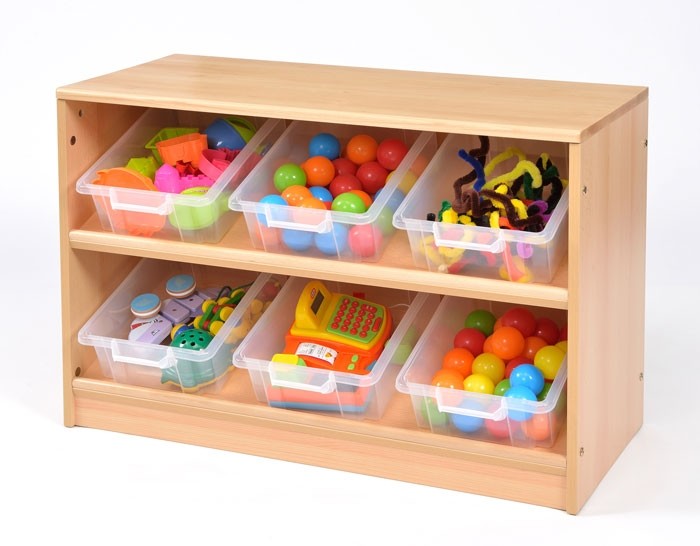 Room Scene Angled Tidy Store with 6 plastic baskets on two tilted shelves