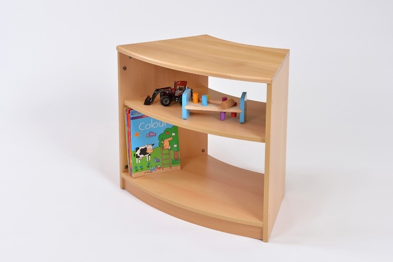 A set of wooden curved shelves from the Room Scenes Classroom Furniture range with two open curved shelves and a solid beech top
