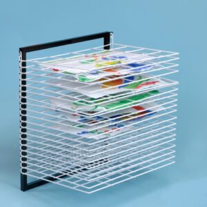 Wall mounted drying rack for school artwork with 20 wire shelves