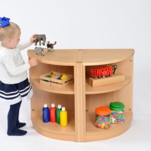 Child standing in front of a Room Scene Curved Corner Unit Set with semi circle front and two shelves with central divider