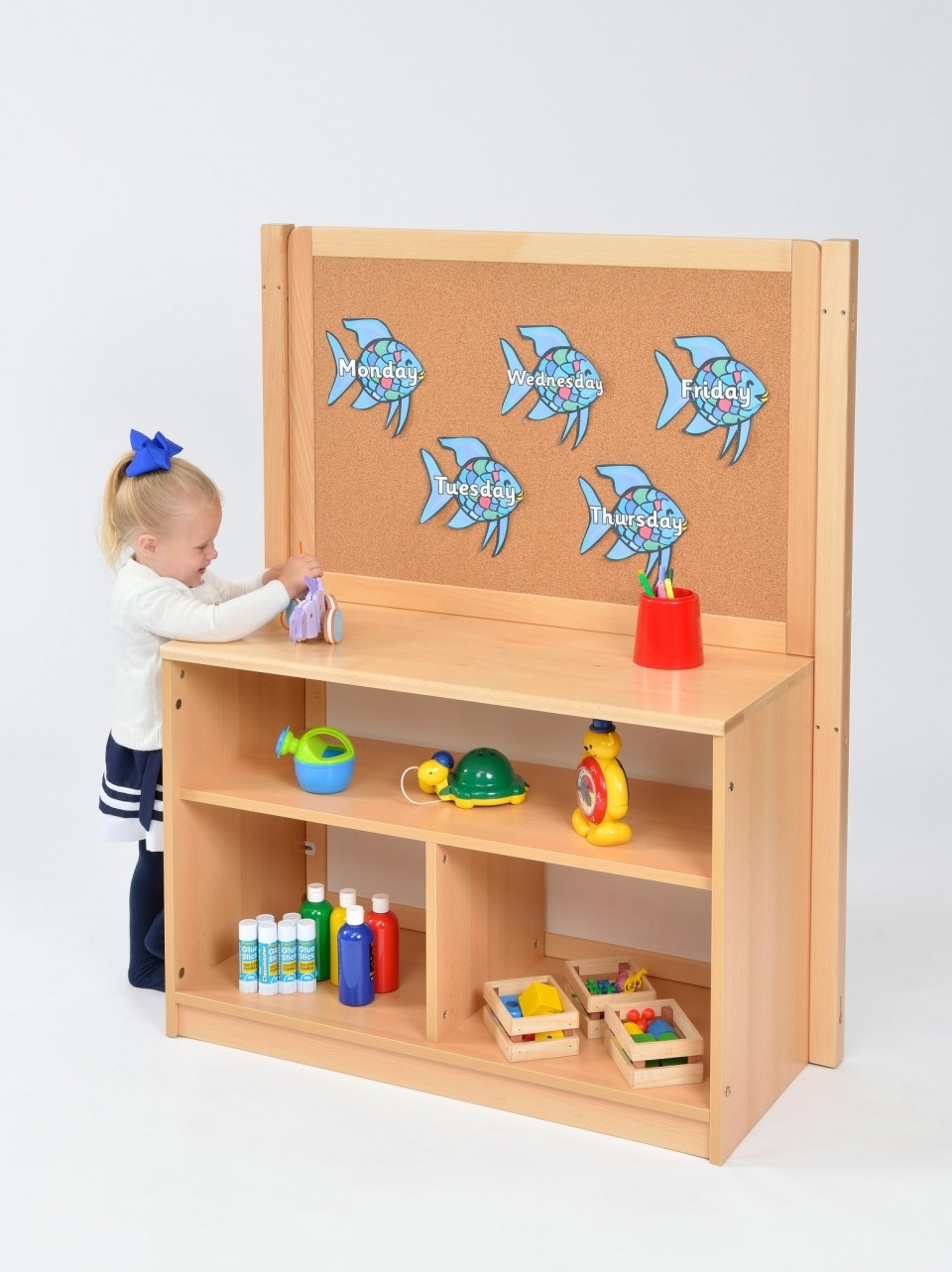 Room Scene Bookcase with Cork Divider and Mirror Back front
