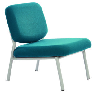 Puffin Chair in aquamarine coloured upholstery and grey frame. Low reception or staffroom chair
