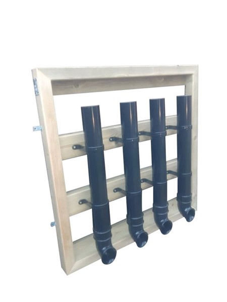 Wooden frame with four children's posting tubes for mounting on a wall