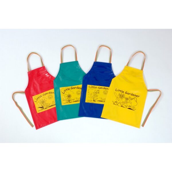 4 childrens gardening aprons in red, green, blue and yellow
