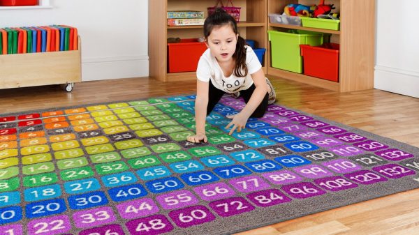 Brightly coloures 100 square carpet with multiplication coloured guide