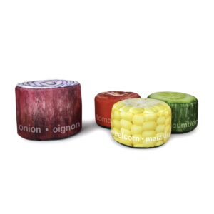Story time bean bags with vegetable graphics and names printed round the edge. Set of 4.