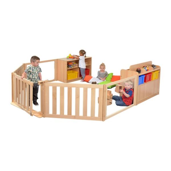 Room Scene Classroom Furniture Set 12. Gate, 2 fence panels, 2 perspex panels and 2 storage shelves with boxes.