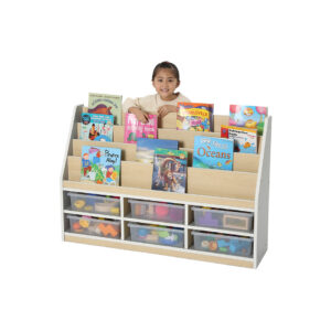 Thrifty Classroom Furniture book storage with 6 book compartments above and 6 small trays underneath