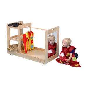 Beech faced MDF toddler costume trolley on castors for nursery or primary. Three shelves, low height rail and safety mirror where a child is admiring his reflection