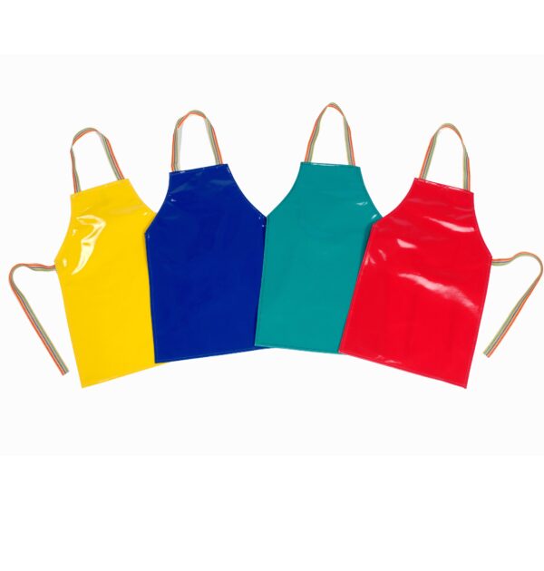 brightly coloured PVC art aprons for use in primary schools and nursery