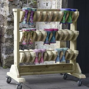 three tier outdoor wooden welly rack on wheels for children's wellington boots
