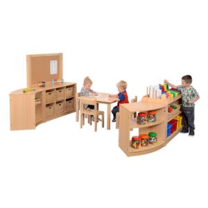 Room Scene Classroom Furniture set 13 with curved shelves, shelf storage and cork board