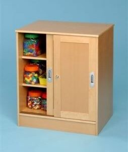 Medium Cupboard with Sliding Doors for classroom storage. Beech with two interior shelves