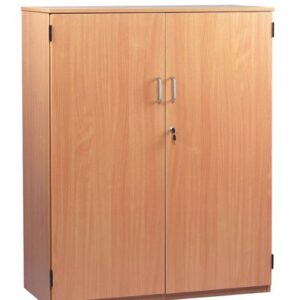 wooden school stock cupboard 1268mm high. With two lockable doors and silver handles