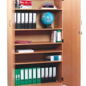 Tall classroom stock cupboard with two lockable doors. Inside is one fixed shelf and four adjustable shelves
