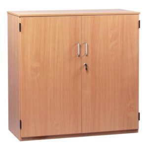 wooden classroom stock cupboard H1018mm with two doors. Each door has a silver handles and there is a lock and key