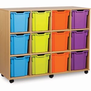 12 Tray Jumbo Storage Unit for classroom storage. Four trays wide and three trays deep