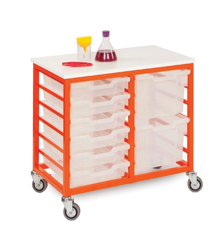 Metal Tray Storage Unit - 12 shallow trays in orange with castors