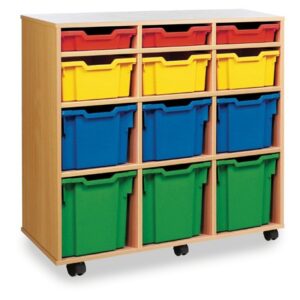 12 Variety Tray Storage Unit classroom storage with 12 multi coloured plastic storage trays in various sizes