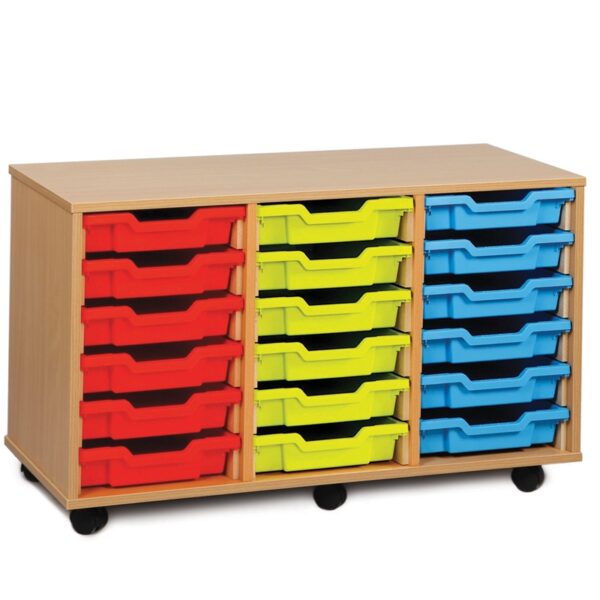 wooden storage unit on castors containing three columns of six plastic trays for classroom use