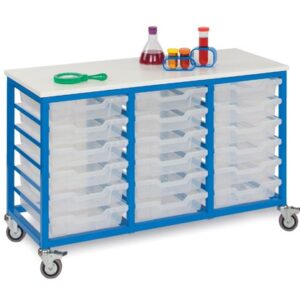 Metal Tray Storage Unit - 18 Shallow Trays with blue frame, 18 clear trays and castors