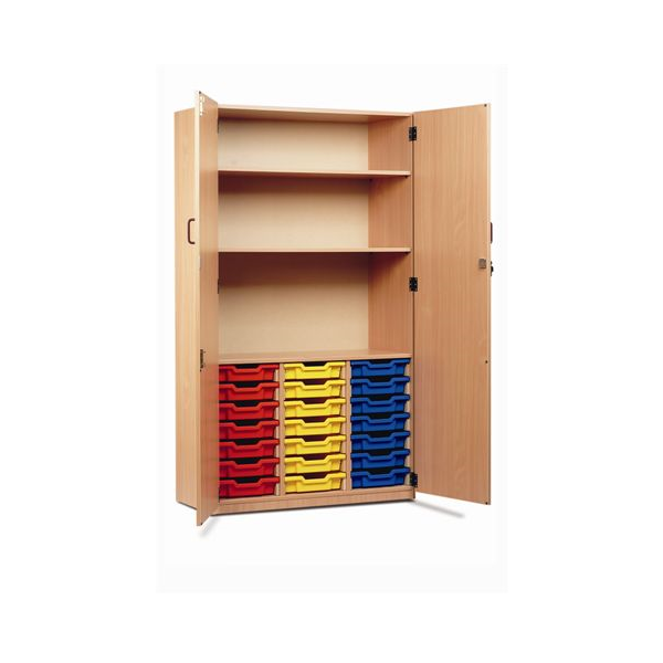 21 Shallow Tray Storage Cupboard with three shelves in the top half and full doors