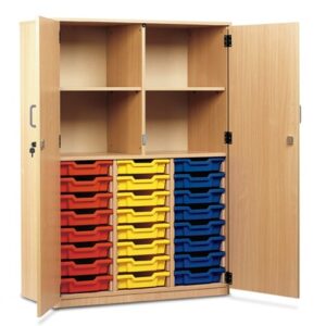 24 Tray Storage Cupboard with Full Doors which are opening revealing the coloured tray storage at the bottom of the cupboard and shelf storage on the top