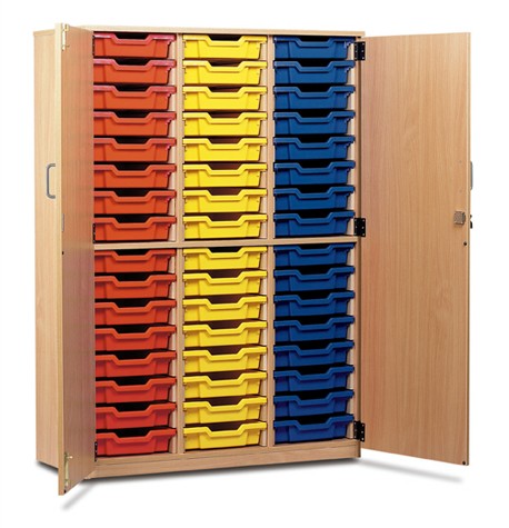 48 Tray Storage Cupboard with full doors which are open to reveal the 48 trays stored inside