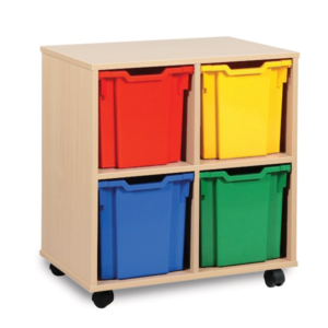 4 Tray Jumbo Storage Unit with multi coloured plastic trays. On castors for ease of movement
