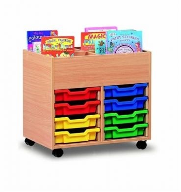 Kinderbox book storage with 4 open storage bays on top and 8 colourful trays below