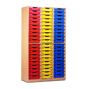60 Tray Storage Cupboard without doors. It has three columns of twenty shallow plastic trays in red, yellow and blue.