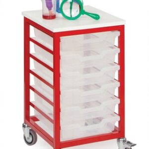 Metal Tray Storage Unit - 6 shallow trays in red with 6 clear plastic trays and castors