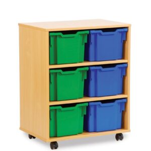 6 Tray Extra Deep Storage Unit with two plastic trays on three shelves in beech carcass. Unit is on castors. Trays are blue and green